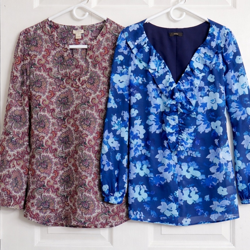 J. Crew Womens Small Blouse Bundle 2 Tops Paisley & Begonia Print V-Neck Ruffle